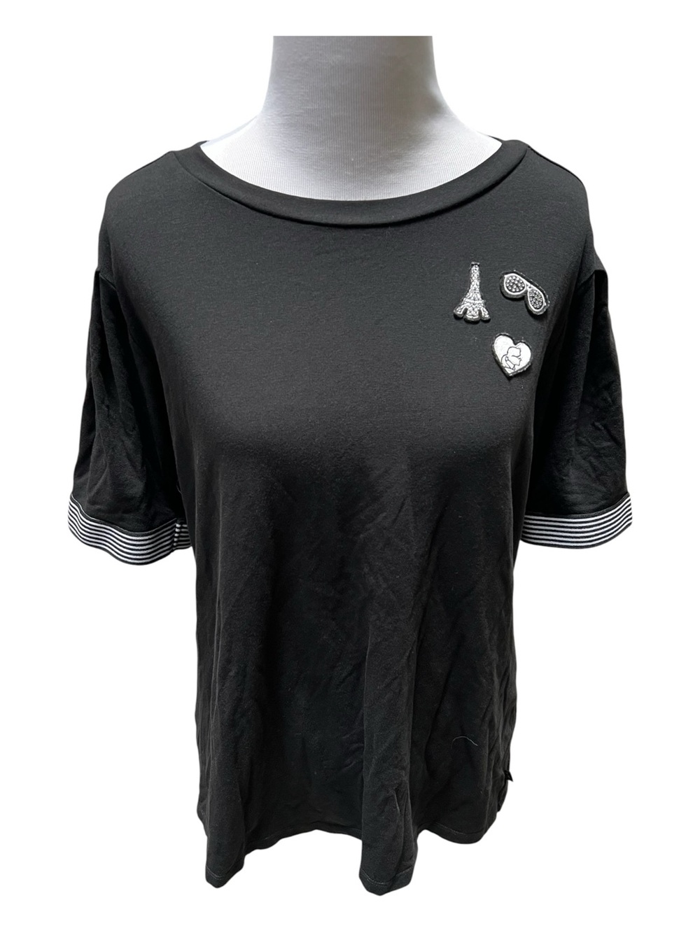 KARL LAGERFELD PARIS  Embellished Puff-Sleeve Black Top